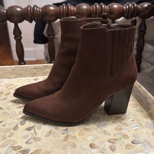 Brown pointed toe booties
